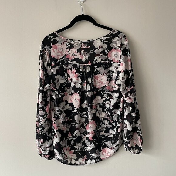 Joie Caviar Odette Silk Floral Print V-Neck Long Sleeve Blouse Black XS - Picture 3 of 7